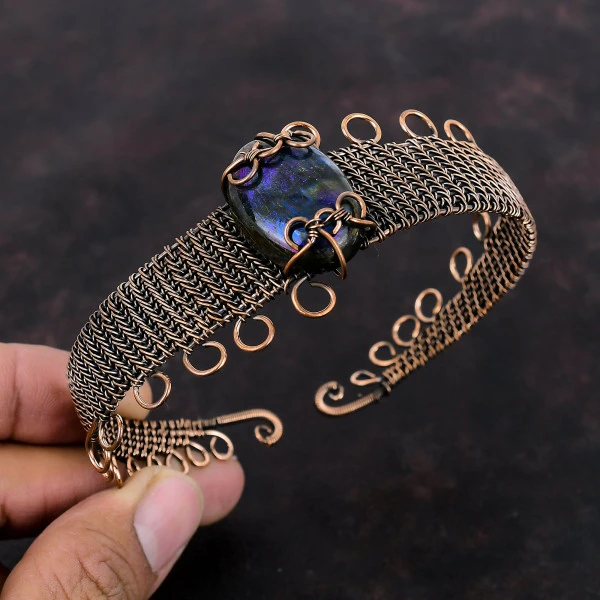 Mystic Fire Labradorite Oval Gray Handmade Copper Wire Wrapped Bangle