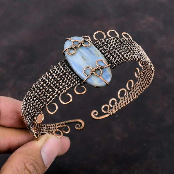 Kyanite Oval Blue Handmade Copper Wire Wrapped Bangle