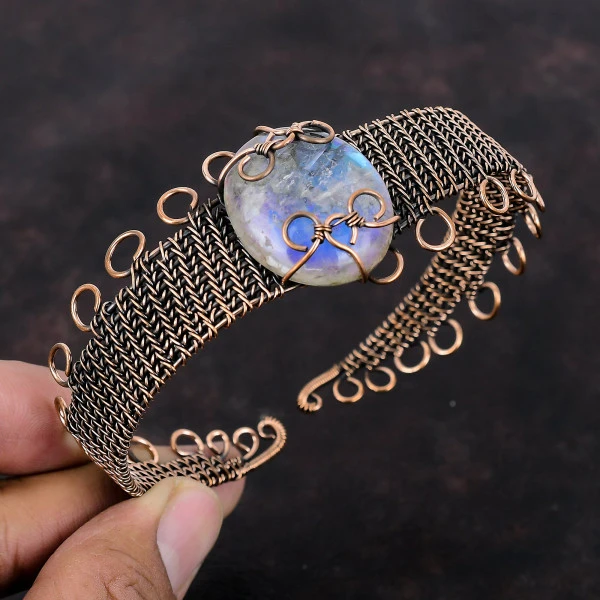 Rainbow Mystic Opal Oval White Handmade Copper Wire Wrapped Bangle