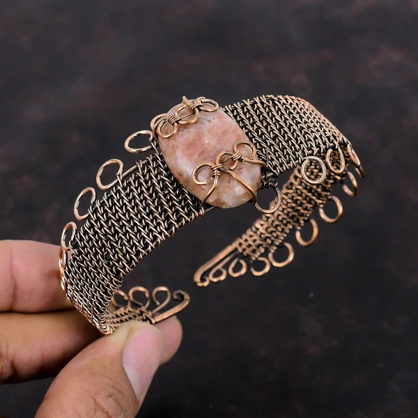 Sunstone Oval Orange Handmade Copper Wire Wrapped Bangle