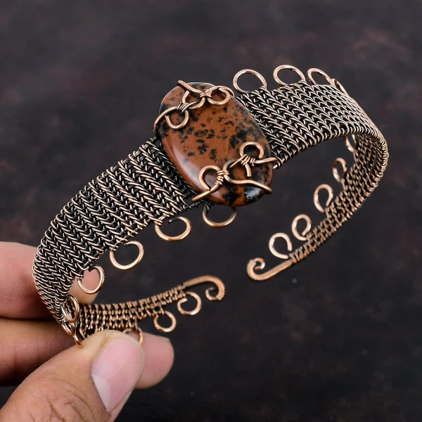 Mahogany Obsidian Oval Brown Handmade Copper Wire Wrapped Bangle