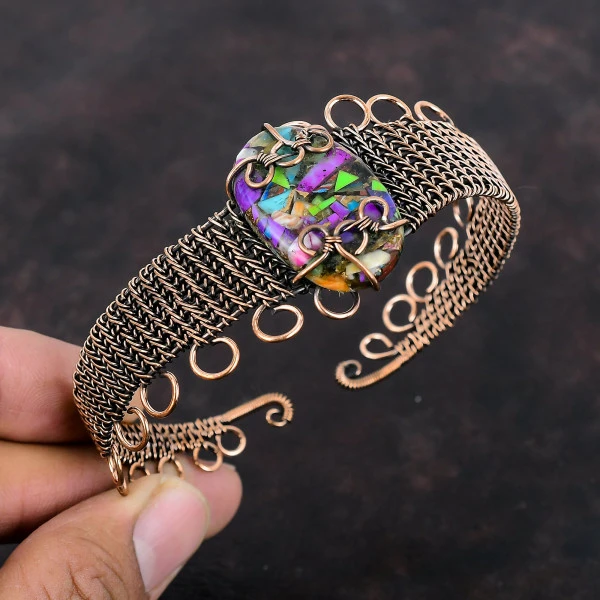 Fiesta Kingman Turquoise Oval Purple Handmade Copper Wire Wrapped Bangle