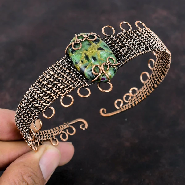Copper Ruby Zoisite Oval Green Handmade Copper Wire Wrapped Bangle