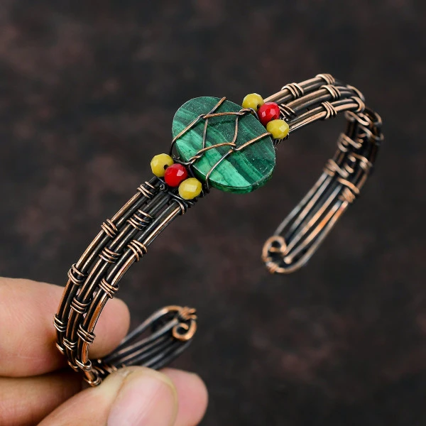 Malachite Oval Green Handmade Copper Wire Wrapped Bangle