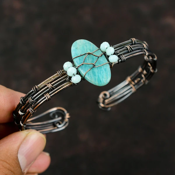 Amazonite Oval Green Handmade Copper Wire Wrapped Bangle
