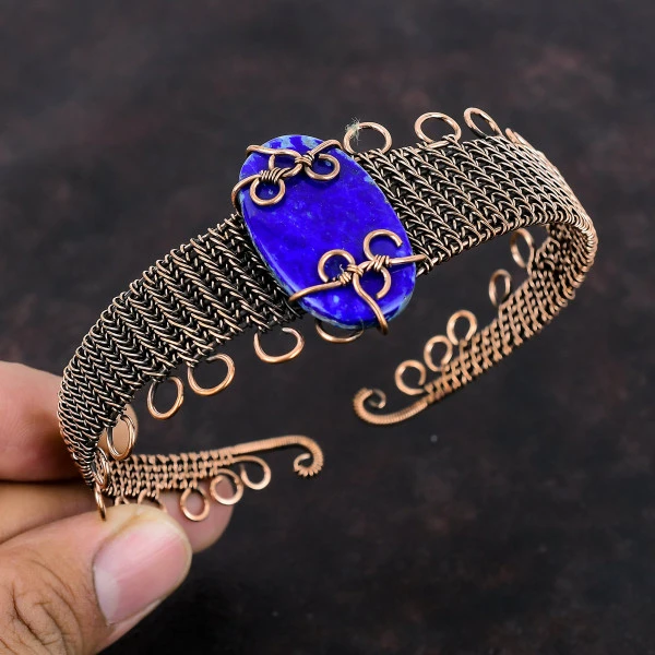 Lapis Lazuli Oval Blue Handmade Copper Wire Wrapped Bangle