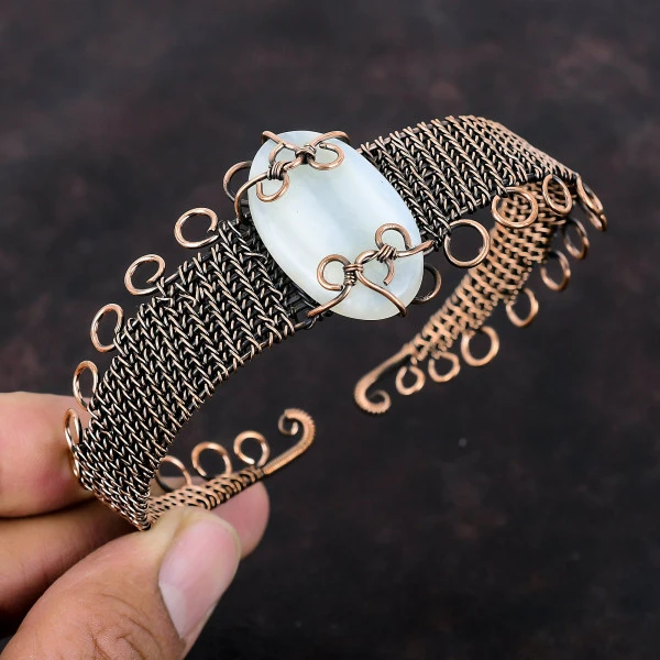 Botswana Agate Oval White Handmade Copper Wire Wrapped Bangle