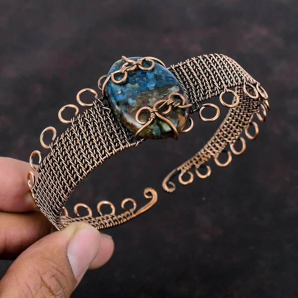 Watermelon Tourmaline Oval Blue Handmade Copper Wire Wrapped Bangle