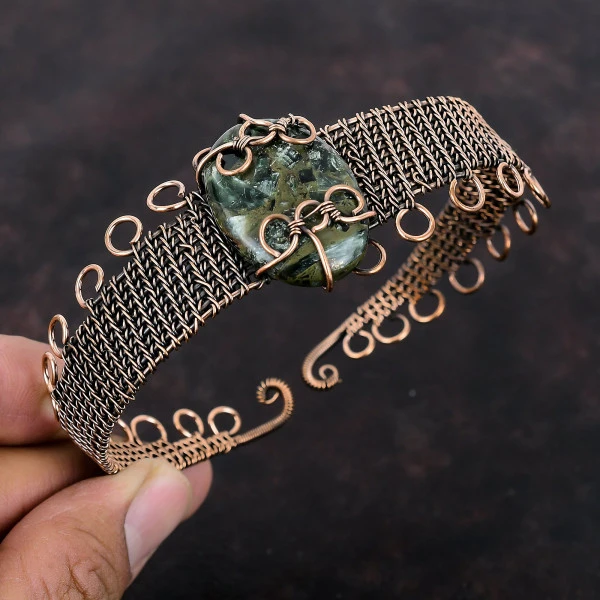 Copper Seraphinite Oval Green Handmade Copper Wire Wrapped Bangle