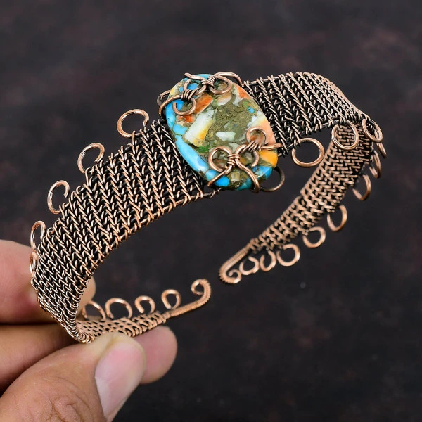 Spiny Oyster Copper Turquoise Oval Orange Handmade Copper Wire Wrapped Bangle
