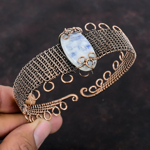 Rainbow Moonstone Oval White Handmade Copper Wire Wrapped Bangle