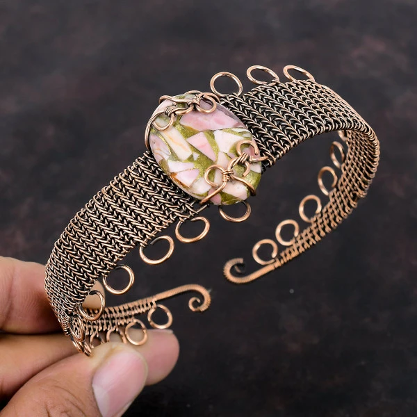 Copper Pink Opal Oval Pink Handmade Copper Wire Wrapped Bangle