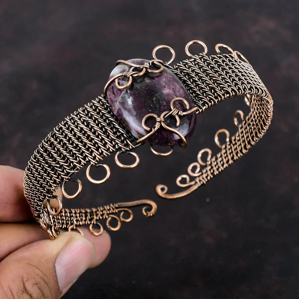 Pink Tourmaline Oval Pink Handmade Copper Wire Wrapped Bangle