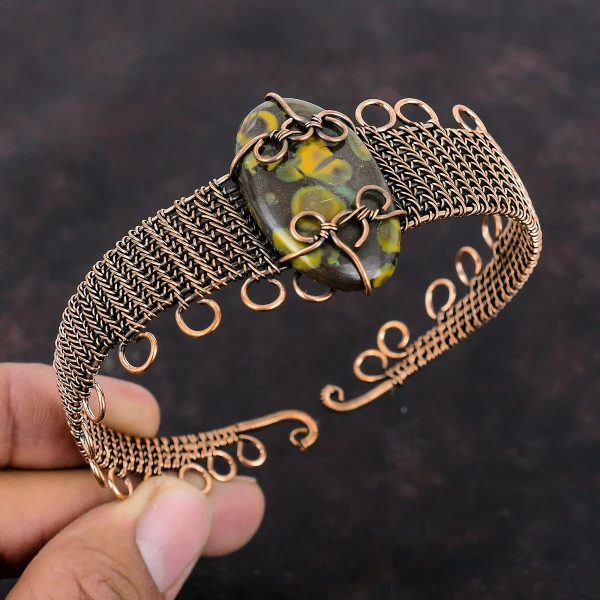 Fruit Jasper Oval Brown Handmade Copper Wire Wrapped Bangle
