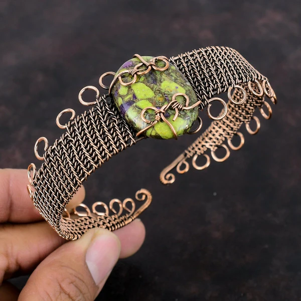Copper Stichtite Oval Green Handmade Copper Wire Wrapped Bangle