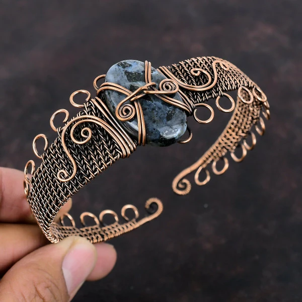 Larvikite Oval Gray Handmade Copper Wire Wrapped Bangle