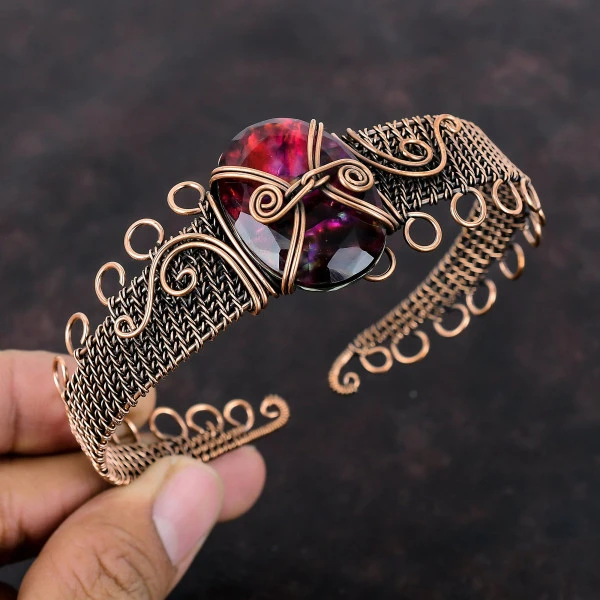 Ammolite Oval Red Handmade Copper Wire Wrapped Bangle