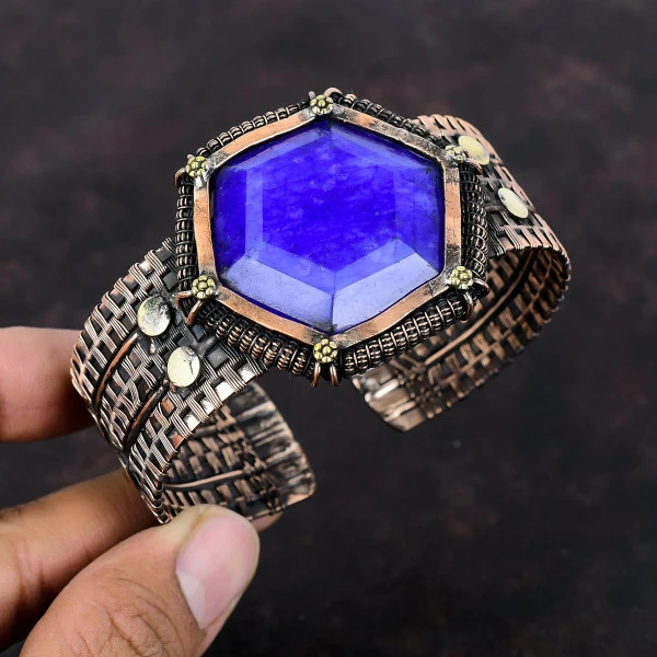 Blue Sapphire Hexagon Blue Handmade Copper Wire Wrapped Bangle