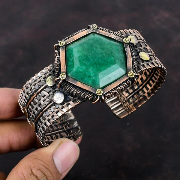 Zambian Emerald Hexagon Green Handmade Copper Wire Wrapped Bangle