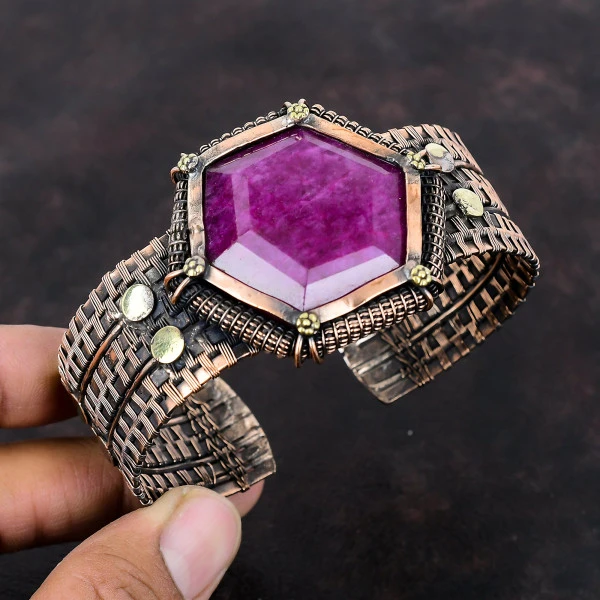 Kashmir Ruby Hexagon Red Handmade Copper Wire Wrapped Bangle