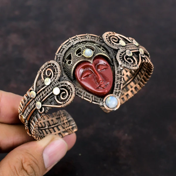 Red Carved Bone Face Oval Red Handmade Copper Wire Wrapped Bangle