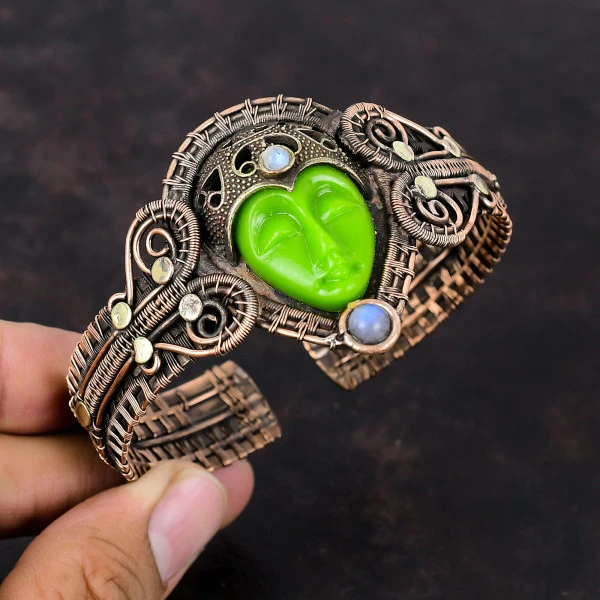 Green Carved Bone Face Oval Green Handmade Copper Wire Wrapped Bangle