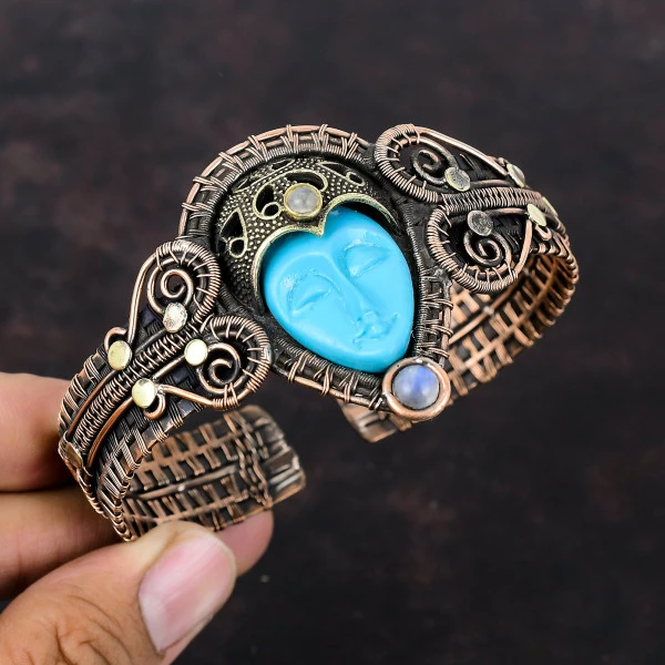 Blue Carved Bone Face Oval Blue Handmade Copper Wire Wrapped Bangle