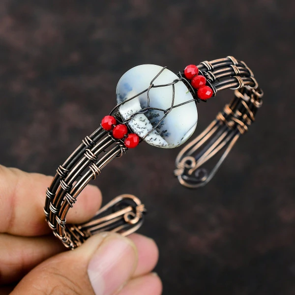 Dendrite Opal Oval White Handmade Copper Wire Wrapped Bangle