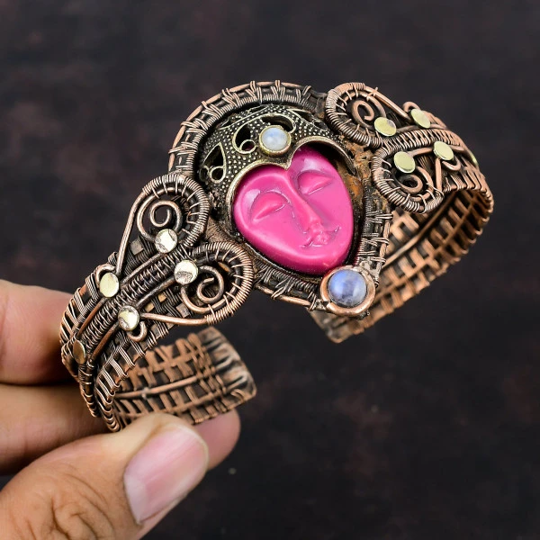 Pink Carved Bone Face Oval Pink Handmade Copper Wire Wrapped Bangle