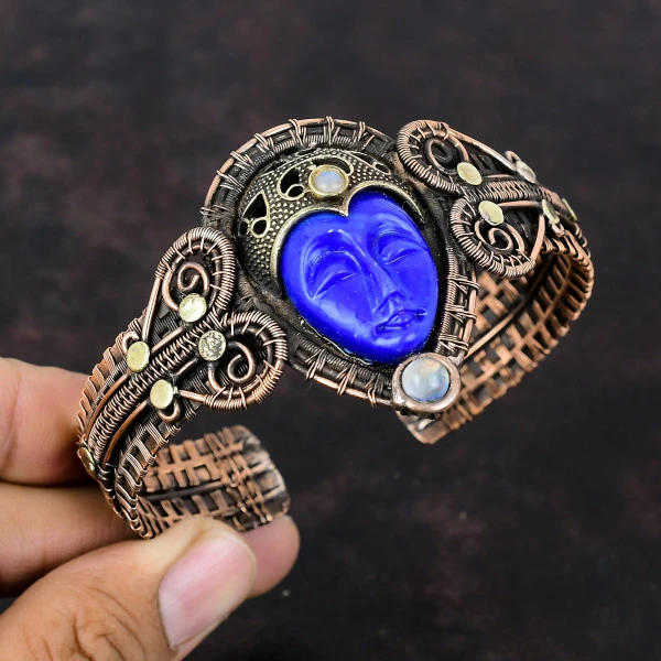 Blue Carved Bone Face Oval Blue Handmade Copper Wire Wrapped Bangle
