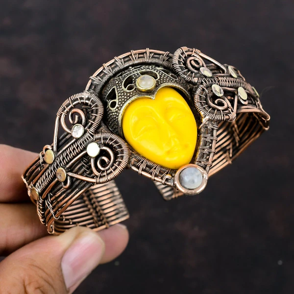 Yellow Carved Bone Face Oval Yellow Handmade Copper Wire Wrapped Bangle