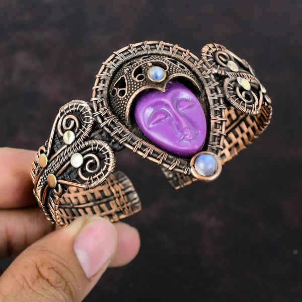 Purple Carved Bone Face Oval Purple Handmade Copper Wire Wrapped Bangle