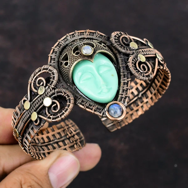 Handmade Green Carved Bone & Moonstone Copper Bangle Bracelet