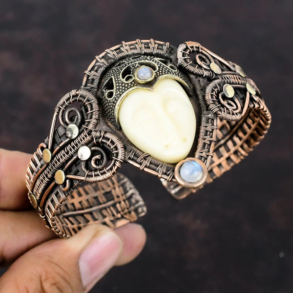 Handmade White Carved Bone & Moonstone Copper Bangle Bracelet
