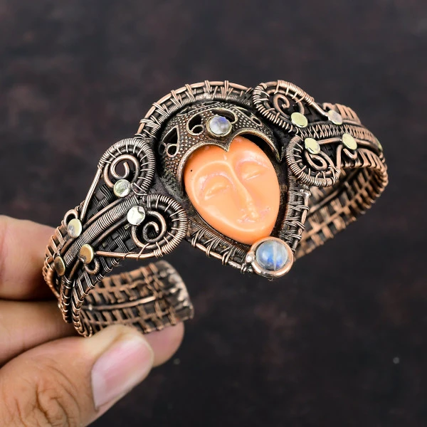 Handmade Orange Carved Bone & Moonstone Copper Bangle Bracelet