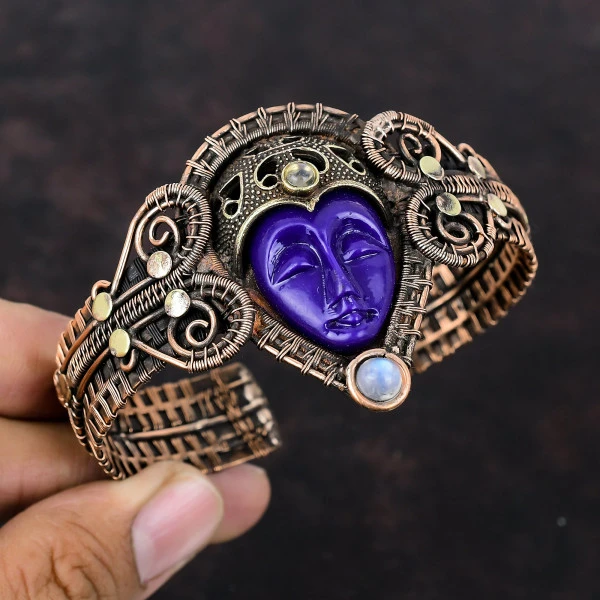 Purple Carved Bone Face Oval Purple Handmade Copper Wire Wrapped Bangle