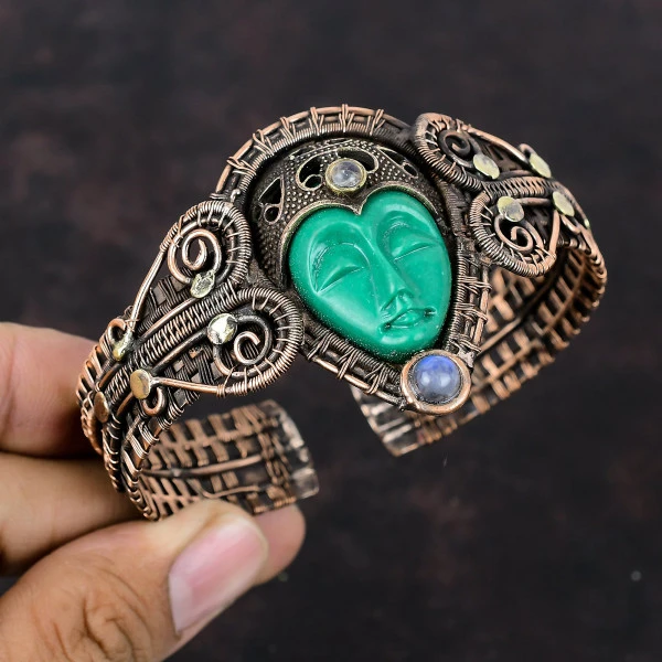 Green Carved Bone Face Oval Green Handmade Copper Wire Wrapped Bangle