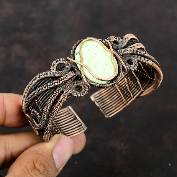 Lemon Chrysoprase Oval Green Handmade Copper Wire Wrapped Bangle