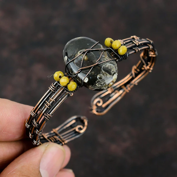 Turritella Agate Oval Black Handmade Copper Wire Wrapped Bangle