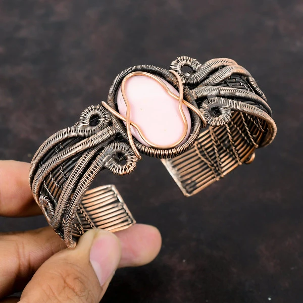 Pink Opal Oval Pink Handmade Copper Wire Wrapped Bangle