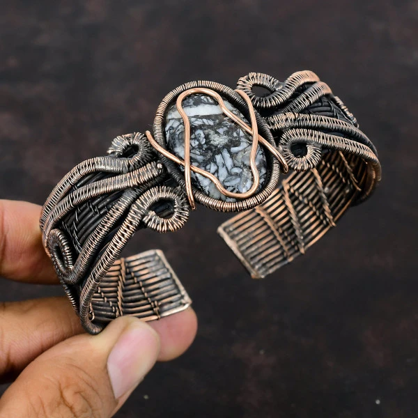 Pinolith Jasper Oval Black Handmade Copper Wire Wrapped Bangle