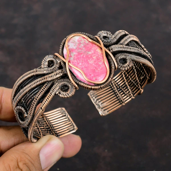 Thulite Oval Pink Handmade Copper Wire Wrapped Bangle