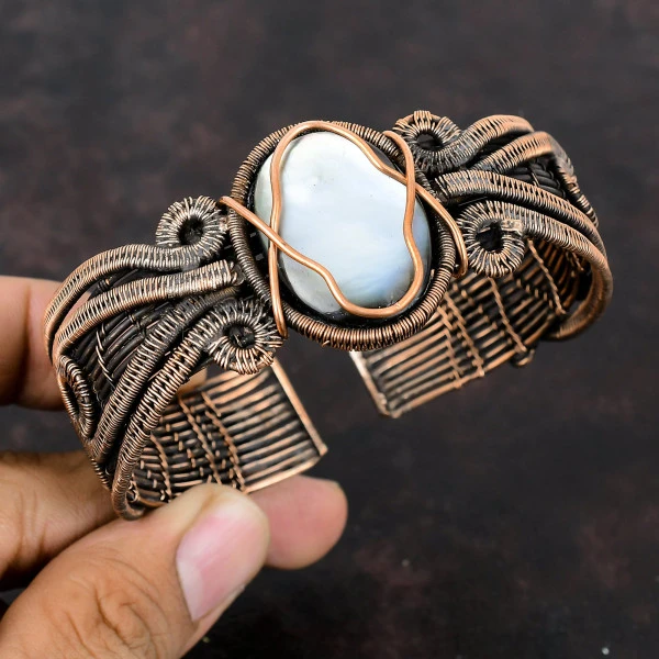 Mother Of Pearl Oval Gray Handmade Copper Wire Wrapped Bangle