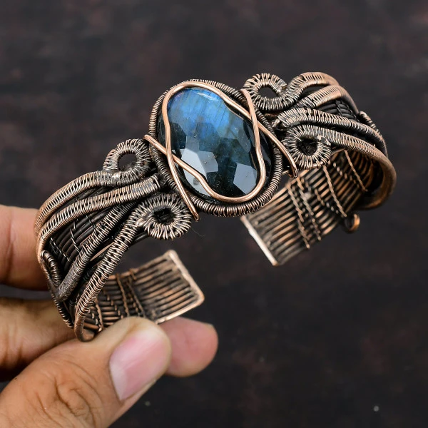 Labradorite Oval Blue Handmade Copper Wire Wrapped Bangle