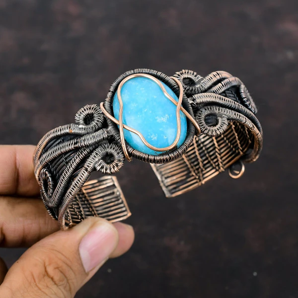 Smithsonite Oval Blue Handmade Copper Wire Wrapped Bangle