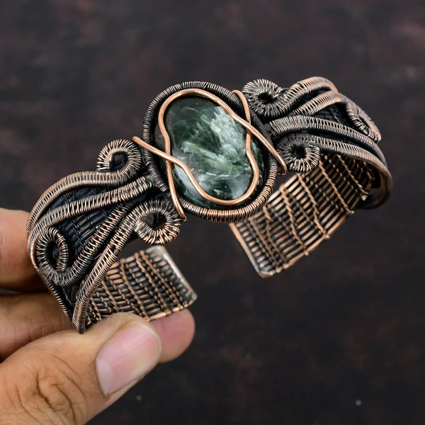 Seraphinite Oval Green Handmade Copper Wire Wrapped Bangle