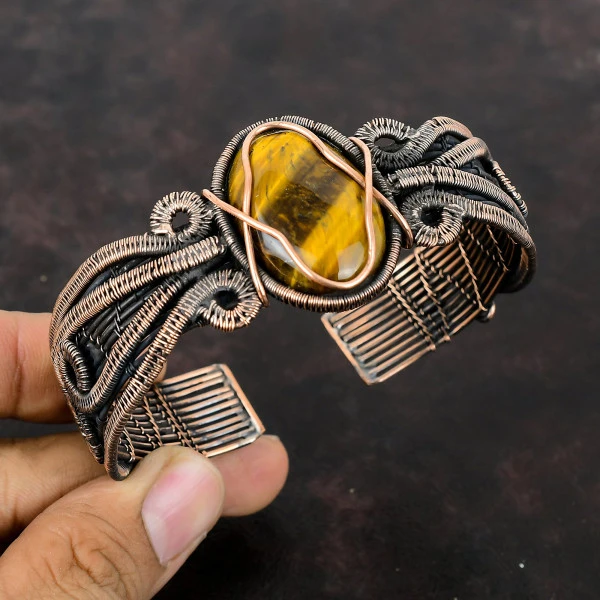 Tiger's Eye Oval Brown Handmade Copper Wire Wrapped Bangle