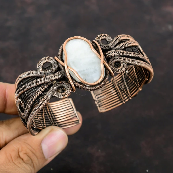Rainbow Moonstone Oval White Handmade Copper Wire Wrapped Bangle
