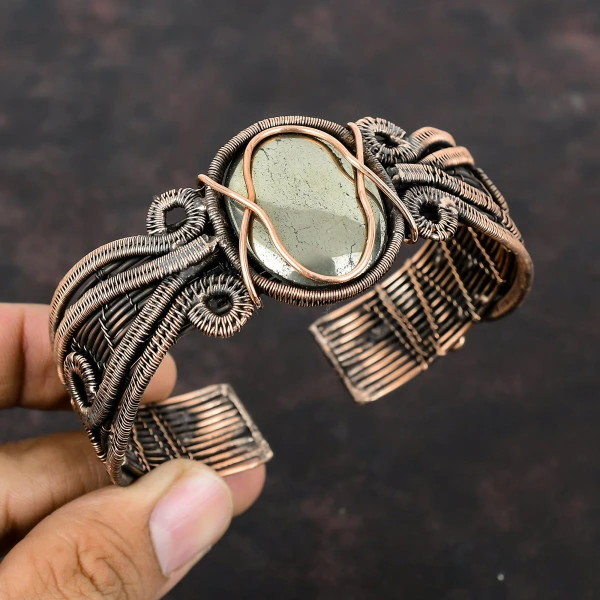 Pyrite Oval Gold Handmade Copper Wire Wrapped Bangle