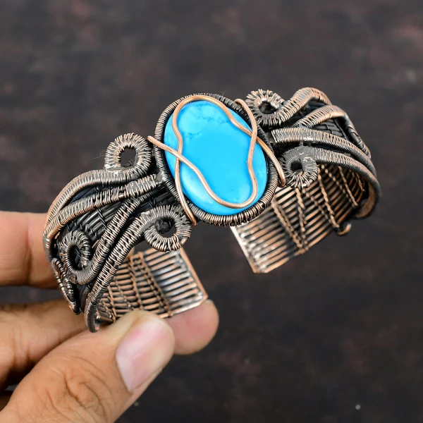 Arizona Turquoise Oval Blue Handmade Copper Wire Wrapped Bangle